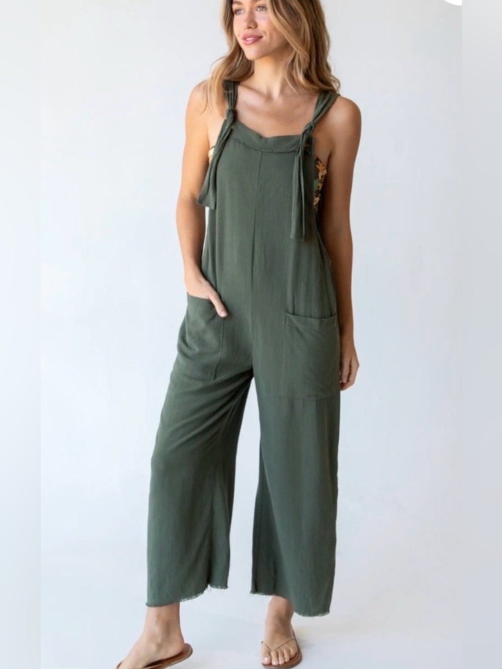 Natural Life Olive Green Linen Blend Wide Leg Jumpsuit Overalls Boho Lagenlook